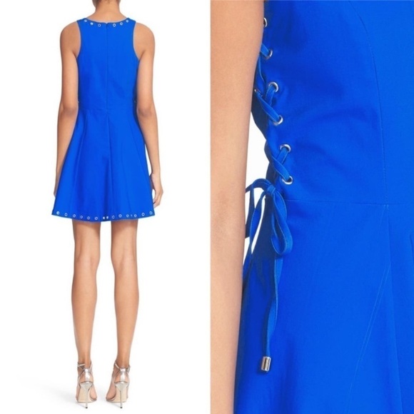 Parker Flynn Cobalt Blue Grommet Lace-Up Fit Flare Mini Dress S Cocktail Party - Picture 2 of 11